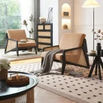 Mid-Century Modern Solid Wood Frame Accent Chair with Beige Fabric Upholstery for Living Room