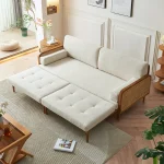 Premium Natural Rattan Back Solid Wood Folding Sofa Bed Convertible Wooden Daybed for Living Room Guest Apartment