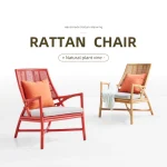 Rattan Accent Chair Handmade Boho Vintage Wood Frame with Fabric Cushion for Reading Patio Garden Furniture